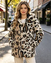 New Leopard Print Hooded Coat Winter Fashion Personality Thick Warm Coat Women's Faux Fur Coat
