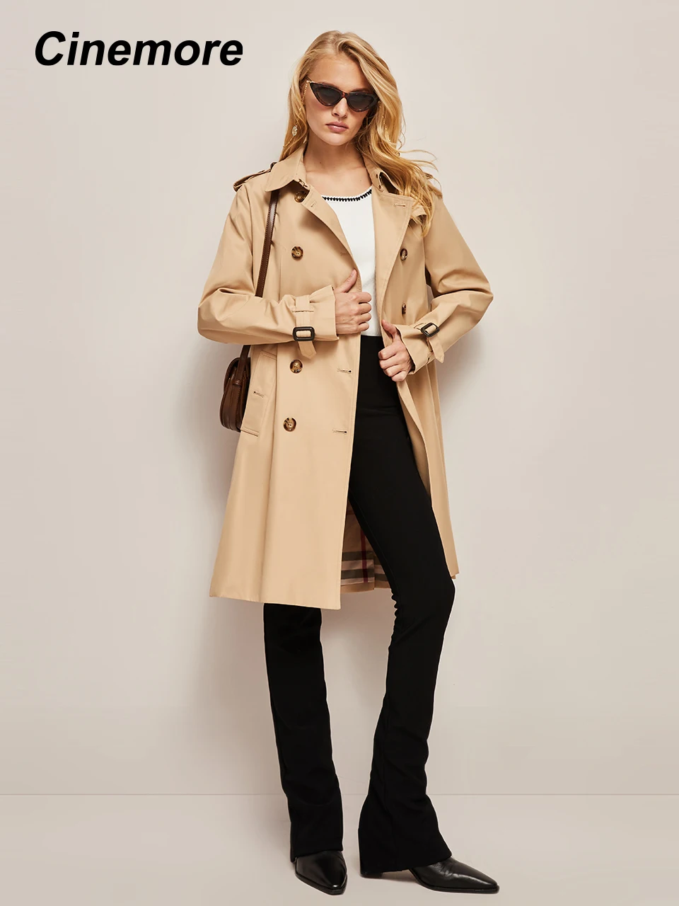 Cinemore 2022 Trench da donna lungo doppio petto bavero classico stile britannico giacca Casual capispalla da lavoro cintura superiore 82001