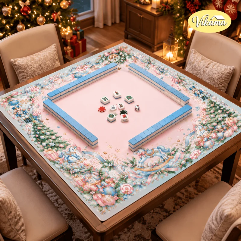 VIKAMA Christmas Nutcracker Mahjong Table Mat Pink Blue Xmas Game Cover Candy Cane Wreath Bow Square 4 Player Family Game Night