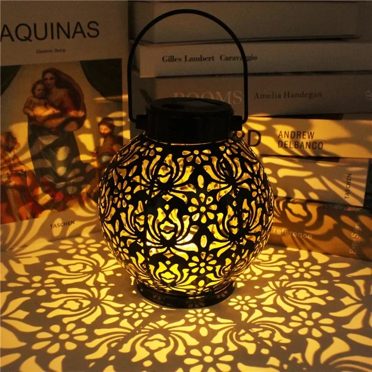 Solar Lantern Outdoor Courtyard Decoration Iron Hollow Projection Lamp round Epiphyllum Garden Lawn Hanging Lamp solar light