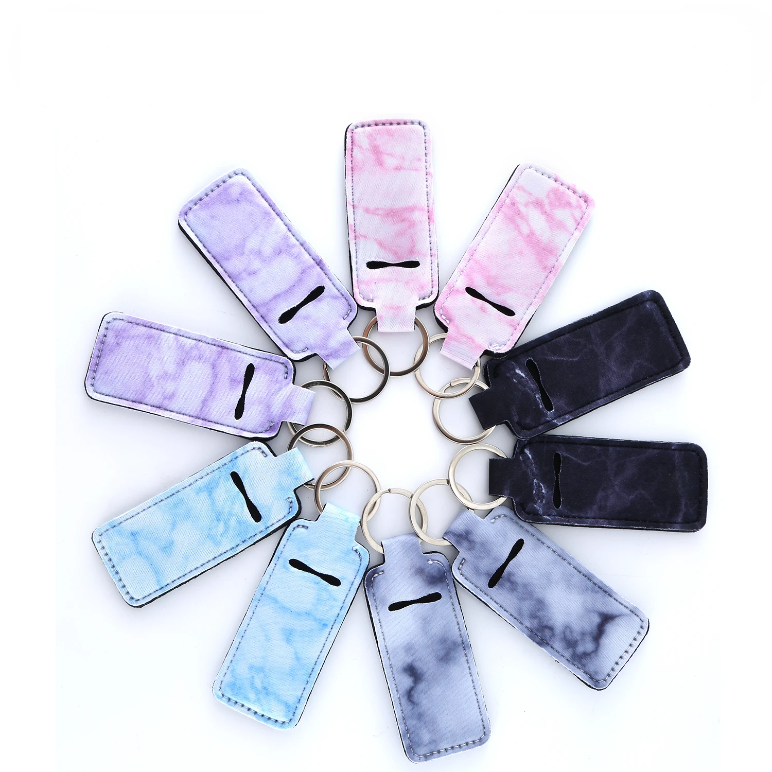 Porte-baume à lèvres en néoprène Style marbre, 10 pièces, pratique, porte-bâton, traqueur avec porte-clés, cadeau pour enfants et adultes