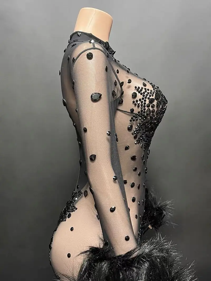 Luxury Shining Diamonds Rhinestones Black Feathers Long Sleeve Sexy Bodycon Jumpsuit Evening Dress Singer Stage Show Dress