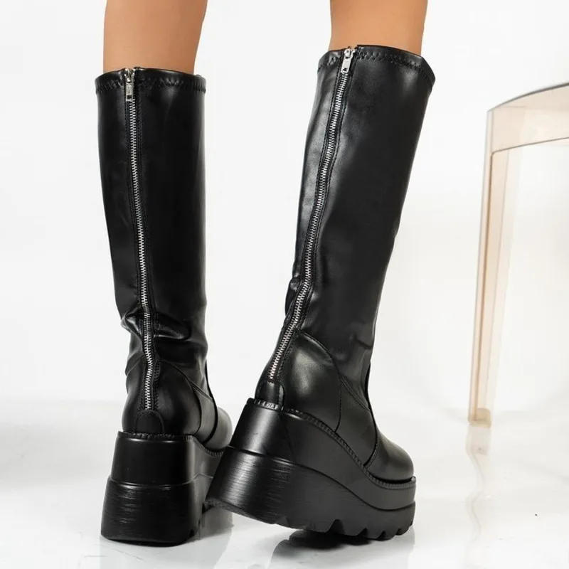 Plus Size Wedge Thigh High Women Mid Calf Boots Small Girth Gothic Platform Biker Rider No More Than Knee Length Skinny Shoes