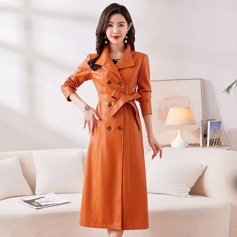 Spring Autumn Winter 2026New Haining Leather Coat Women Long Leather Jacket Windbreaker Long Outwear Korean Thin Overwear Female