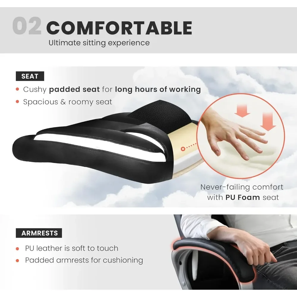 كرسي ألعاب مريح للمكتب، كرسي كمبيوتر عالي الظهر قابل للتعديل مع عجلات ودعم قطني من الجلد المريح