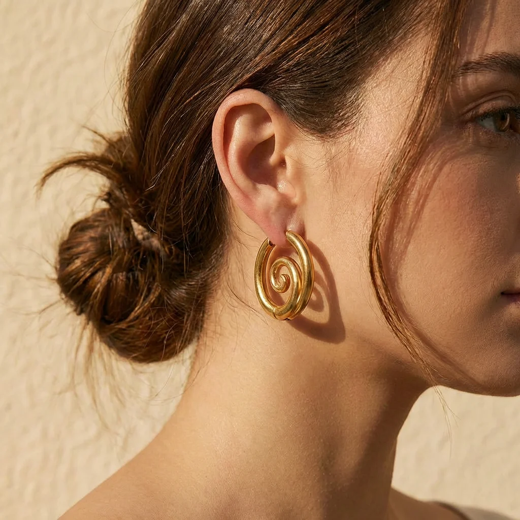 Chic Spiral Threaded Stainless Steel Earrings 18K Gold Plated Metal Smooth Charm Exquisite Women's Delicate Jewelry Gift