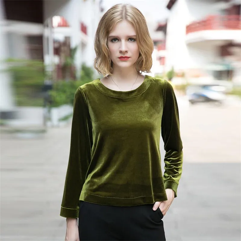 Women Full Sleeves Gold Velvet Tops Fashion 2024 Spring Autunm Casual O-neck Top Slim Loose Velour Shirt Female Pullovers