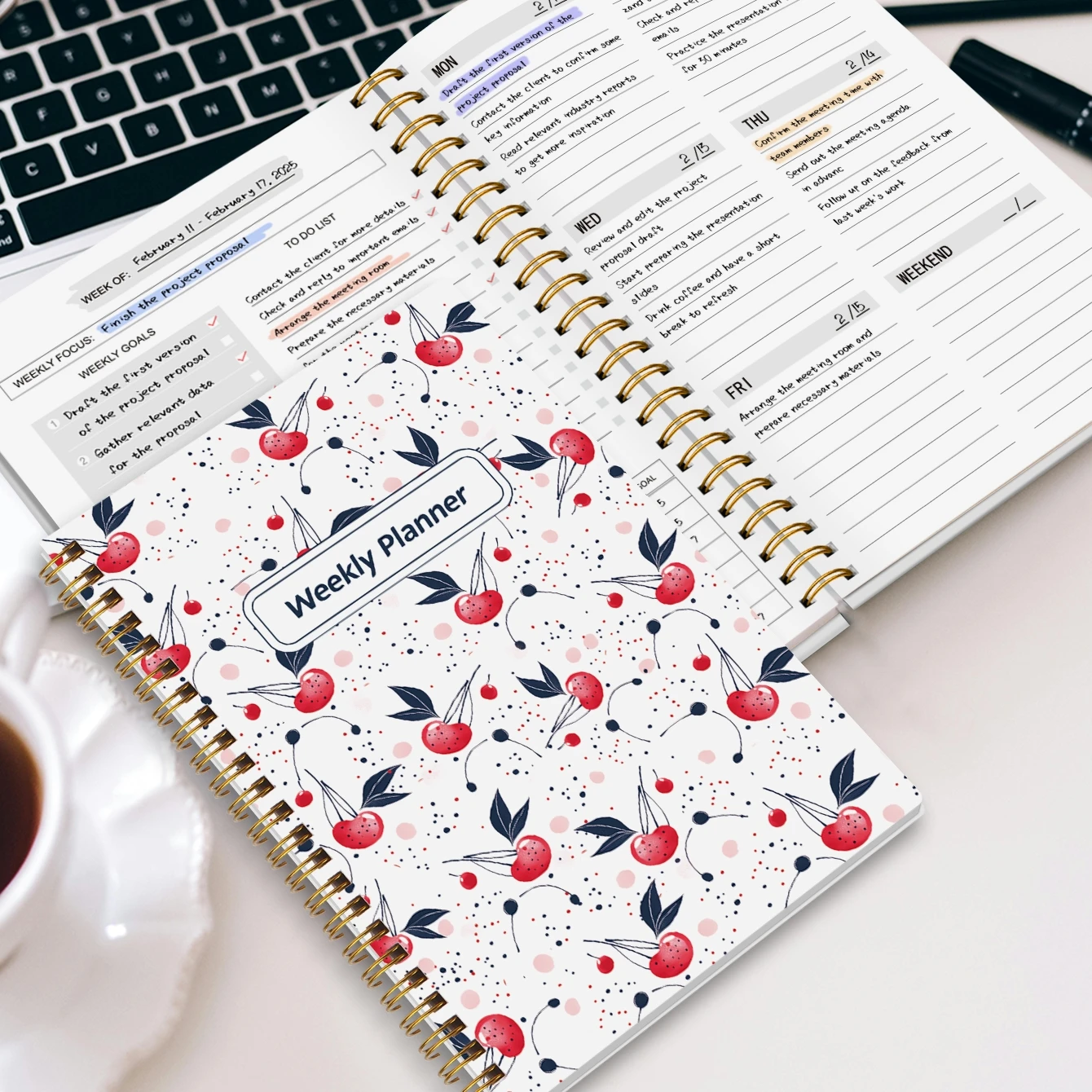 

A5 Weekly Planner Notebook Spiral, Cherry Floral Cover, Habit Tracker & to Do List, Productivity Planner for Work Study