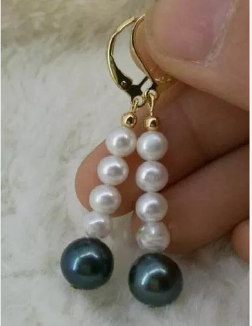 WHITE BLACK south sea PEARLS EARRINGS 14K GOLD clasp 6-10 mm