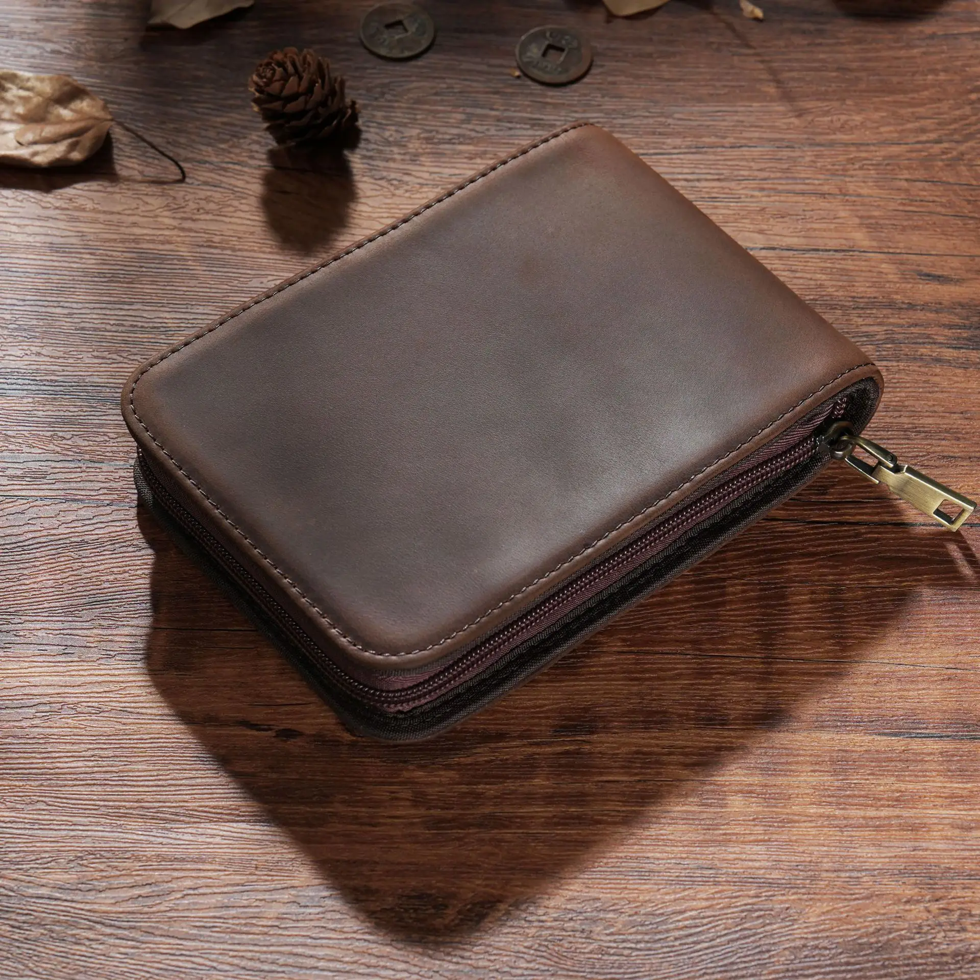 Genuine Leather Zipper Pen Bag Large Capacity Pencil Pouch Crazy Horse Leather Retro Pencil Case Holder Cowhide Cover