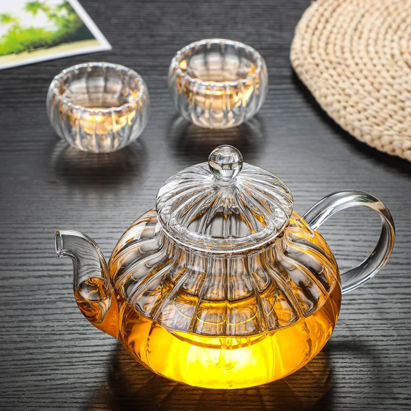 600ml Striped Pumpkin Shape Glass Teapot With Filter Heat Resistant Flower Tea Pot Kung Fu Puer Kettle Glass Tea Set Teaware