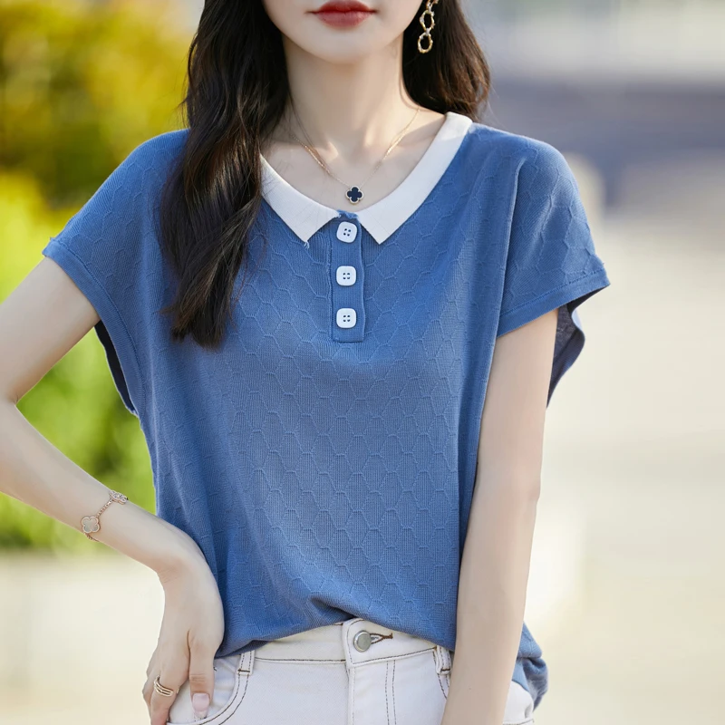 Sommer frauen Gestrickte T-shirt Mode Lyocell Kurzarm Casual Spleißen Tees Kragen Tops Lose Geometrie Bluse