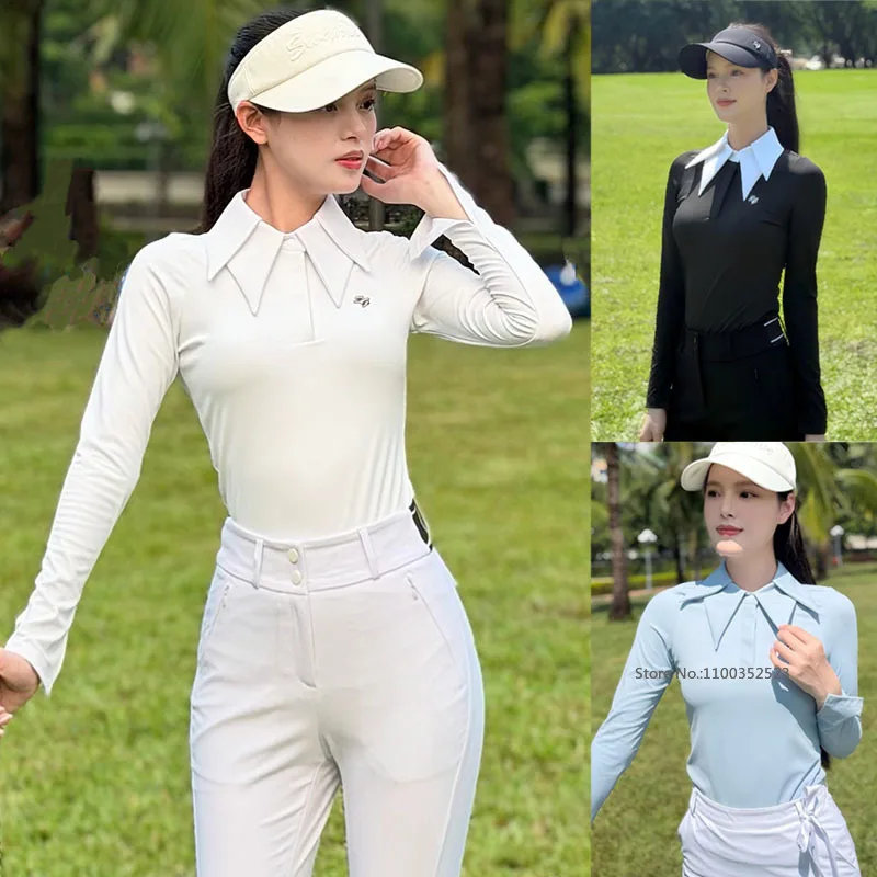 SG New Golf Clothing Women Split Cuff Long-sleeved Polo Shirt Ladies Double Lapels Slim Tops Breathable Elastic Sports Pullovers