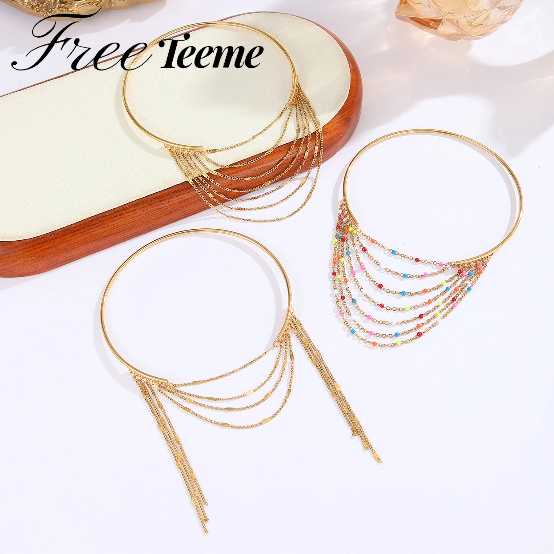 Freeteeme Unique Layered Chain Tassel Arm Cuff Gold Plated Metal Upper Arm Band Women Jewelry Armlet Summer Bangle Jewelry Gift