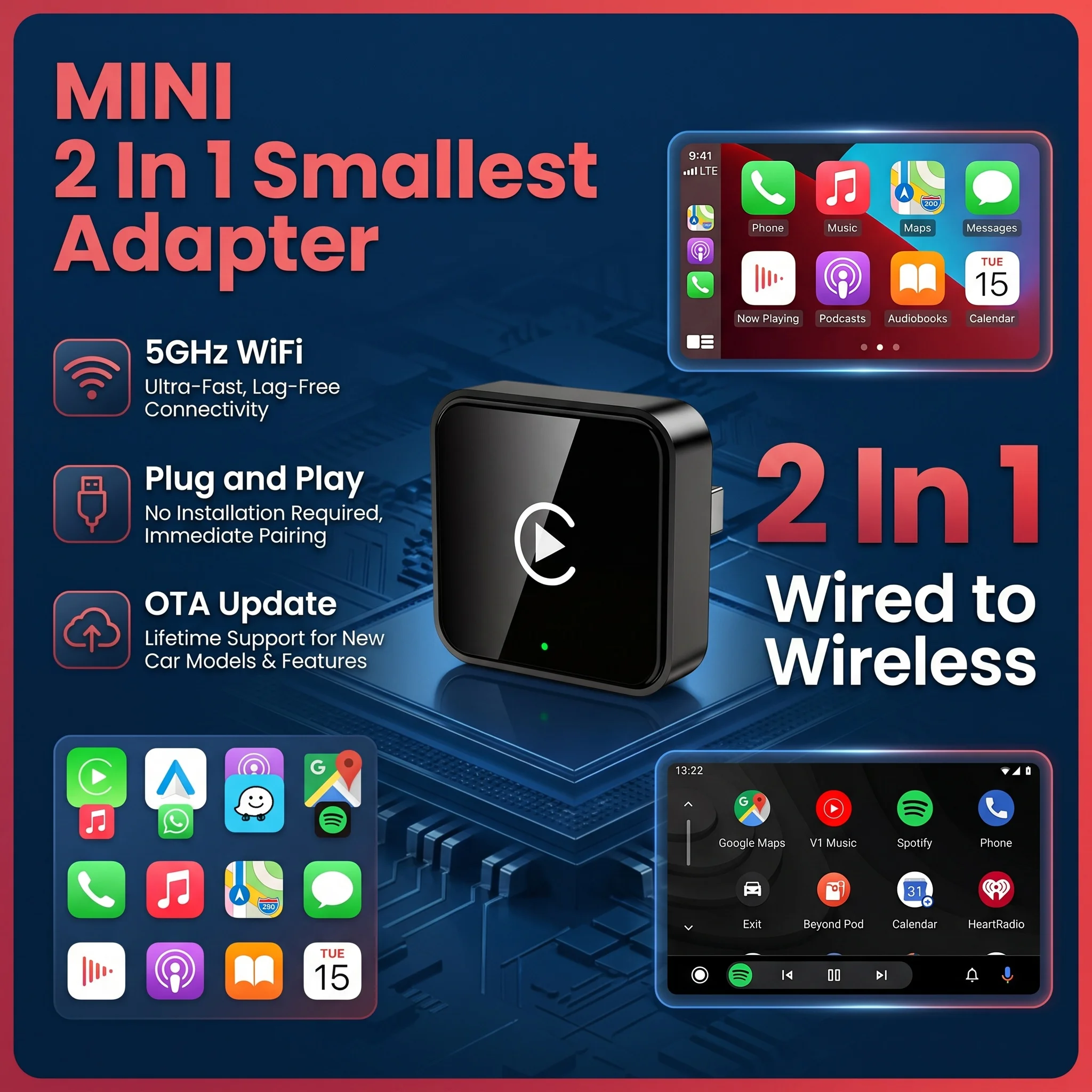 NEW Super Mini Carplay AI Box Wired to Wireless CarPlay/Android Auto 2in1 Box 5GHz WiFi5 for 99% Original Wired CarPlay/Auto Car