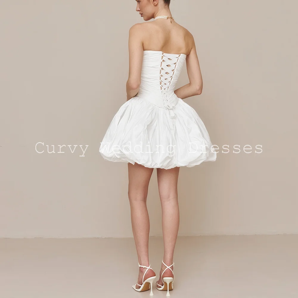 Curvy Elegant Strapless Ruched Satin Lace Up Back Short Puffy Wedding Dresses for Bridal Customized 2026