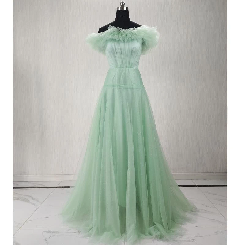 

Вечернее платье по индивидуальному заказу, зеленый тюль с открытыми плечами и оборками, трапециевидной формы длиной до пола, большие размеры, женские вечерние вечерние платья