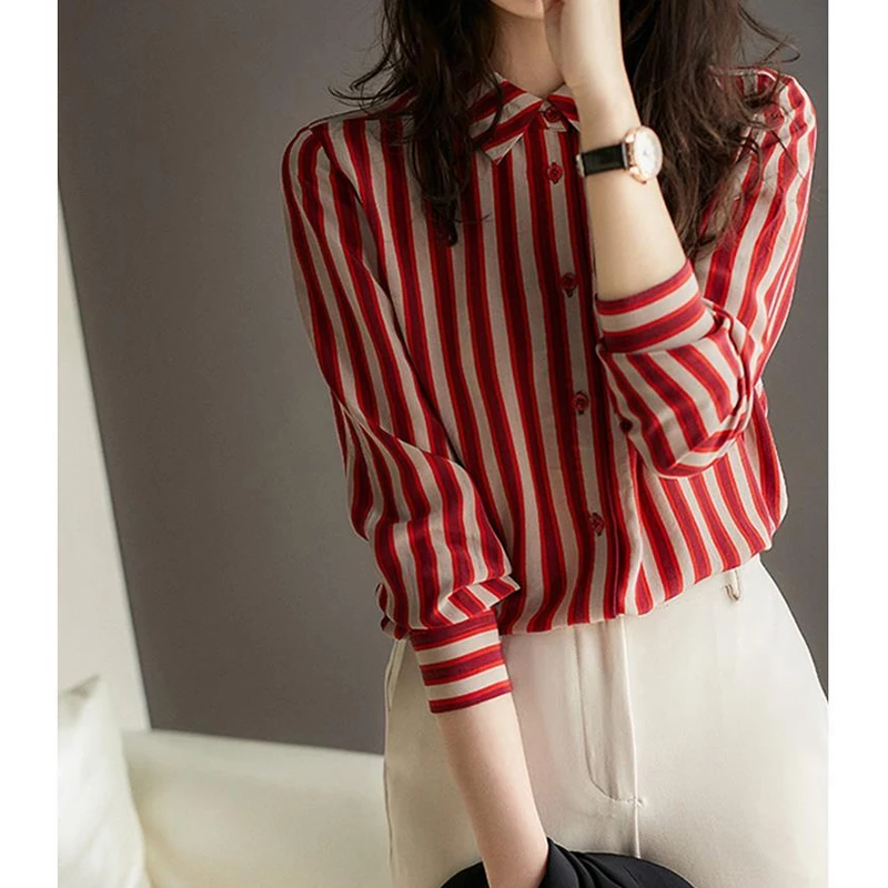 Red Striped Shirt Tops Spring New Long Sleeve Button All-match Youth Temperament Loose Blouse Elegant Vintage Women Clothing