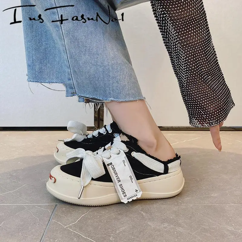 Summer Platform Casual Canvas Half Slippers Label Sewing Designer Lace Up Shoes Slip On Sneakers Cross Tied Trainers For Women