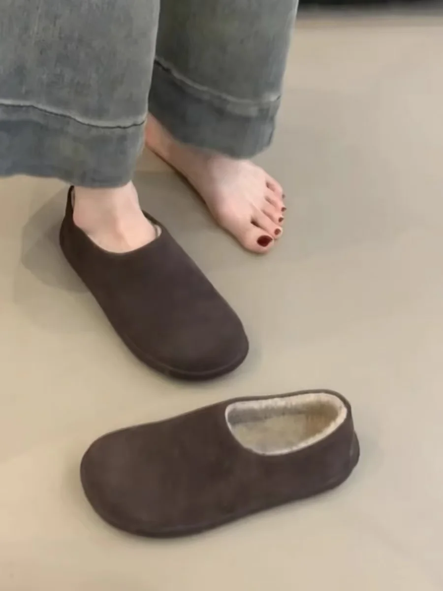 

Женские ретро-тапочки-сабо из натуральной кожи с меховой подкладкой, удобные повседневные шлепанцы для дома и улицы