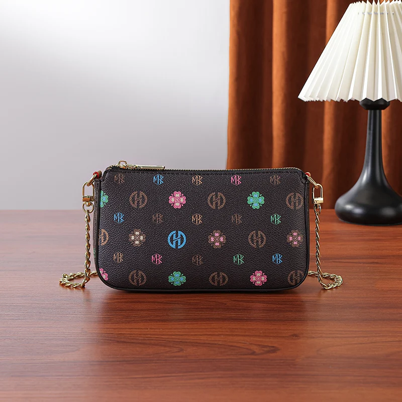Women's Chain Small Square Bag, with Colorful Floral Lettering and Monogram Print Across the Horizontal Design, Fully Zippered Closure, Paired with a Delicate Metal Chain, Lightweight and Compact, Simple Retro Style, Can Hold a Phone, Lipstick, and Other Small Items, Versatile Chain Crossbody Bag for Women, Suitable for Daily Shopping, Dating, and Short Trips