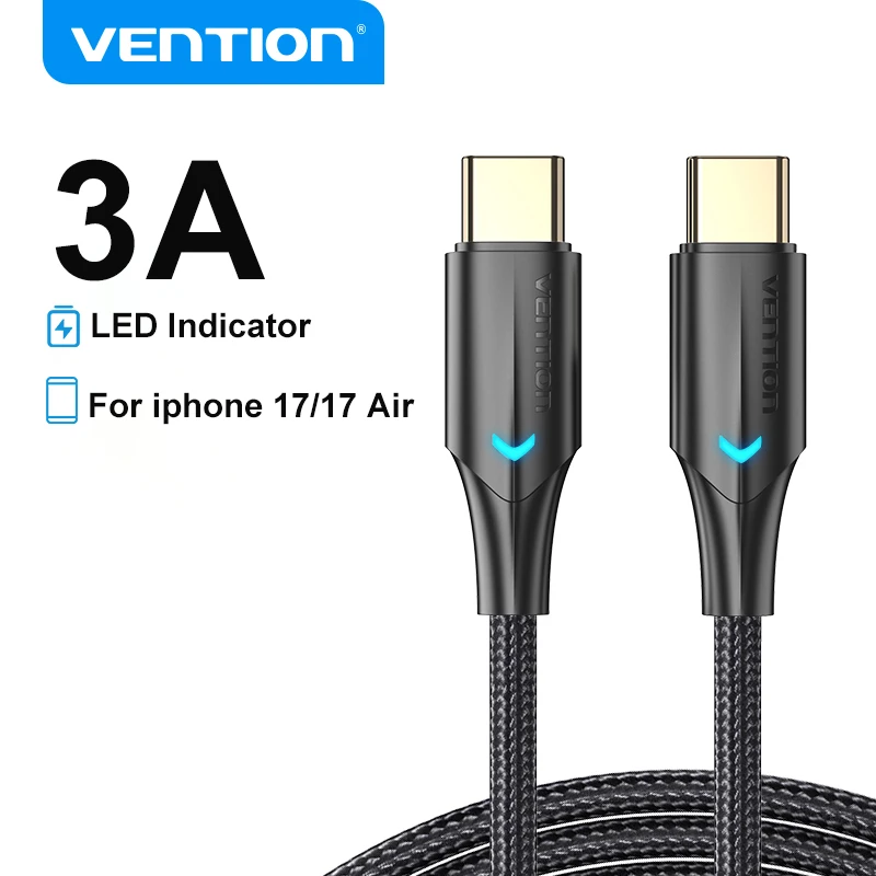Cabo USB Tipo C Vention 60W para iPhone 17 16 15 Pro Max, Cabo USB C de Carregamento Rápido com LED para Celulares Xiaomi Samsung