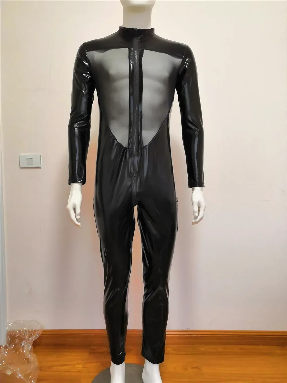 

Sexy Mens Mesh Leather Lingerie Jumpsuits Erotic Body Wear Night Club Wear for Men Front and Back Transparent Tight Bodysuit