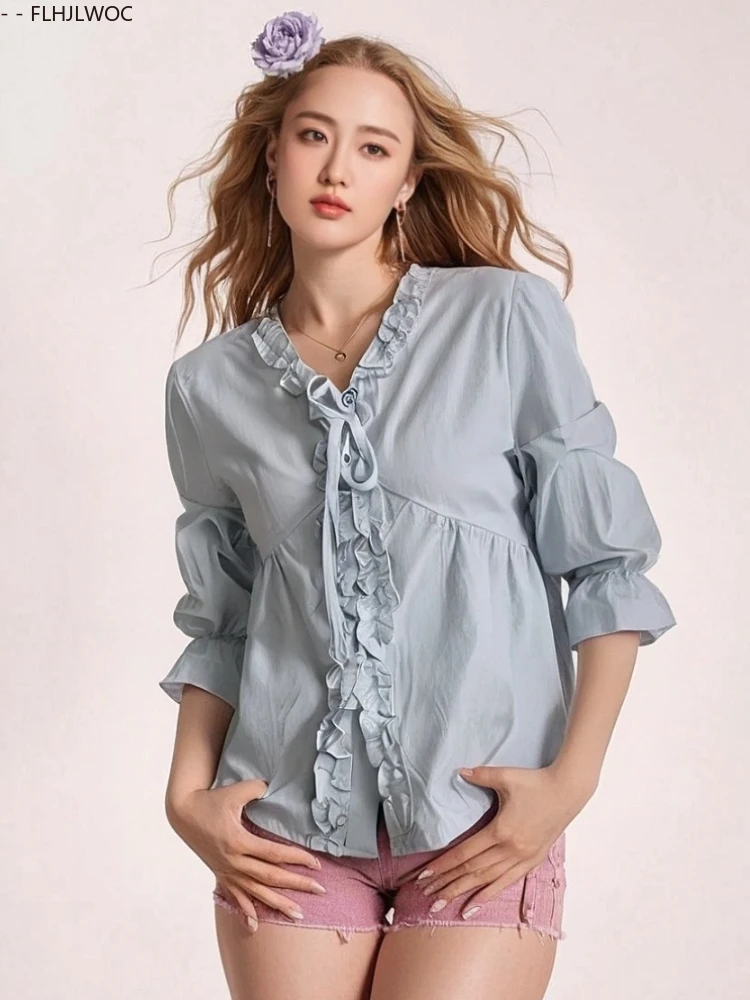 Hot New Chic Korea Cute Doll Shirt Design Women Sweet Japan Girls Sweet Vintage Retro White Ruffled Lace Bow Tie Tops Blouses