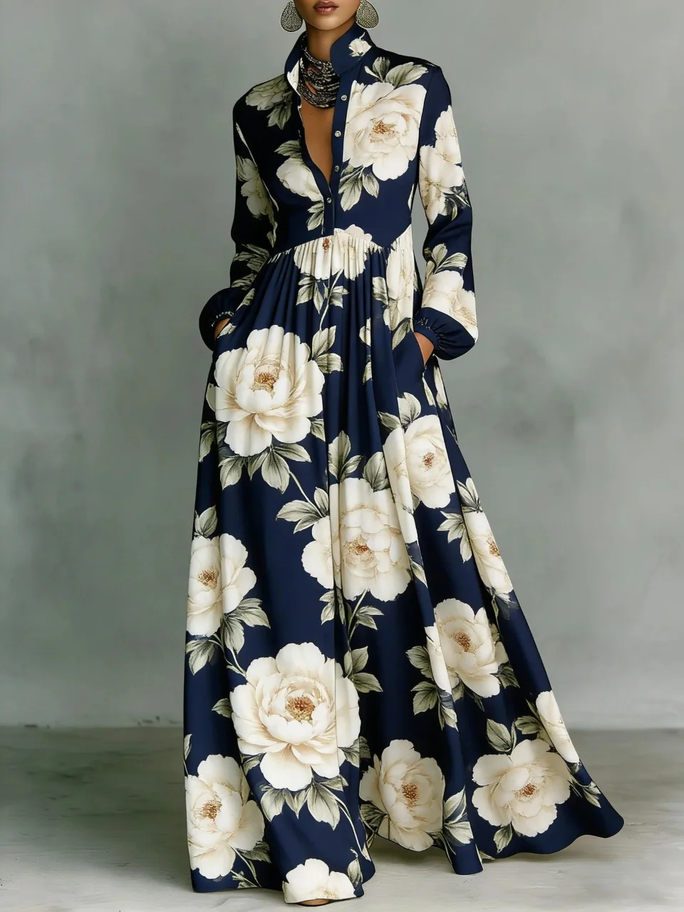 

Floral Print Women's Stand Collar Button Shirt Maxi Dresses Spring Casual High Waist Pocket Long Dress Chic Vacation Party Dress