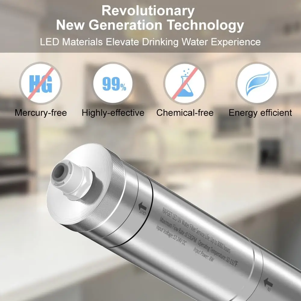 يزيد من فلتر المياه بالأشعة فوق البنفسجية LED لنظام تصفية المياه تحت الحوض ونظام التناضح العكسي، ويقلل ما يصل إلى 99.9%