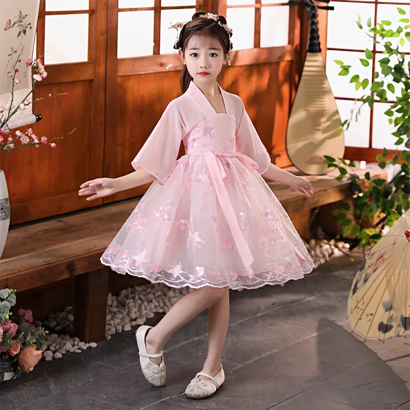 

Summer Girls Chinese Tang Suit Kids Traditiona Cotton Linen Ancient Hanfu Children Photography Embroidery Perform Costumes