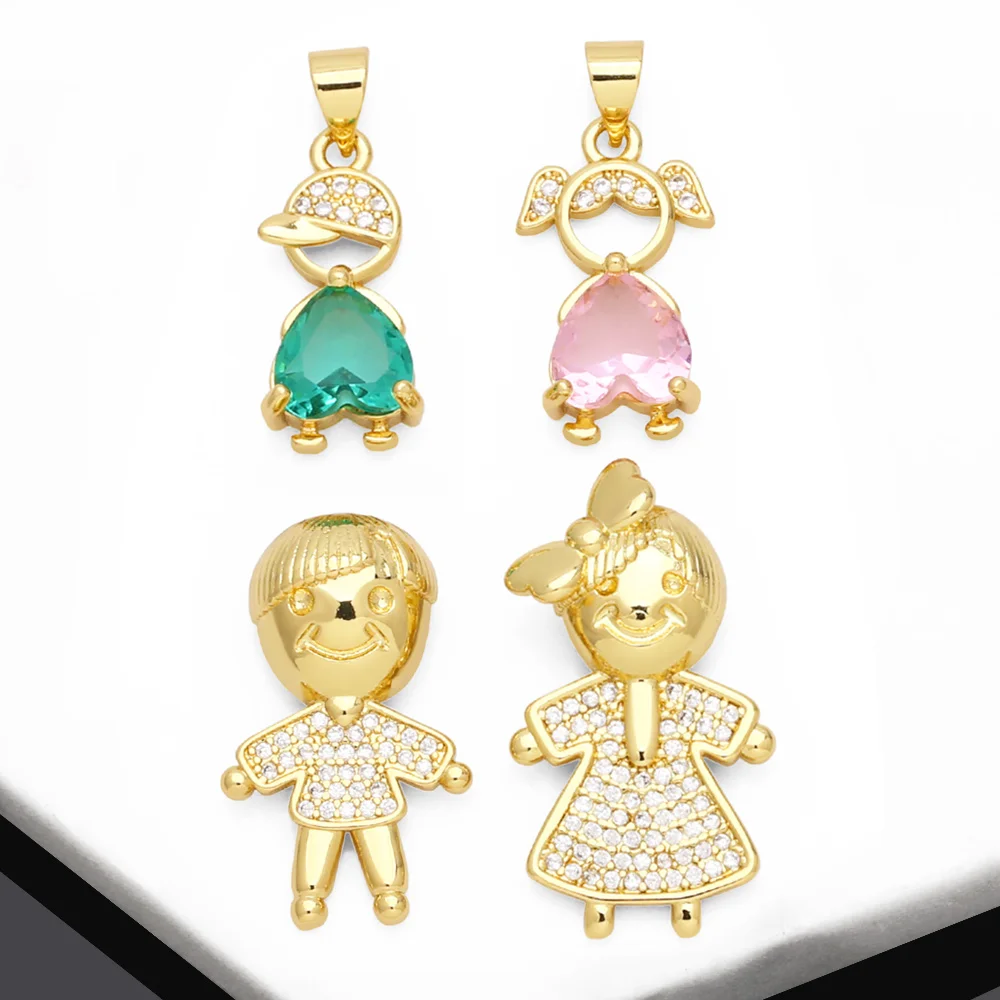 OCESRIO Cute Heart Crystal Boy Girl Pendant for Necklace Copper Gold Plated Couple Love Jewelry Making Supplies pdtb346