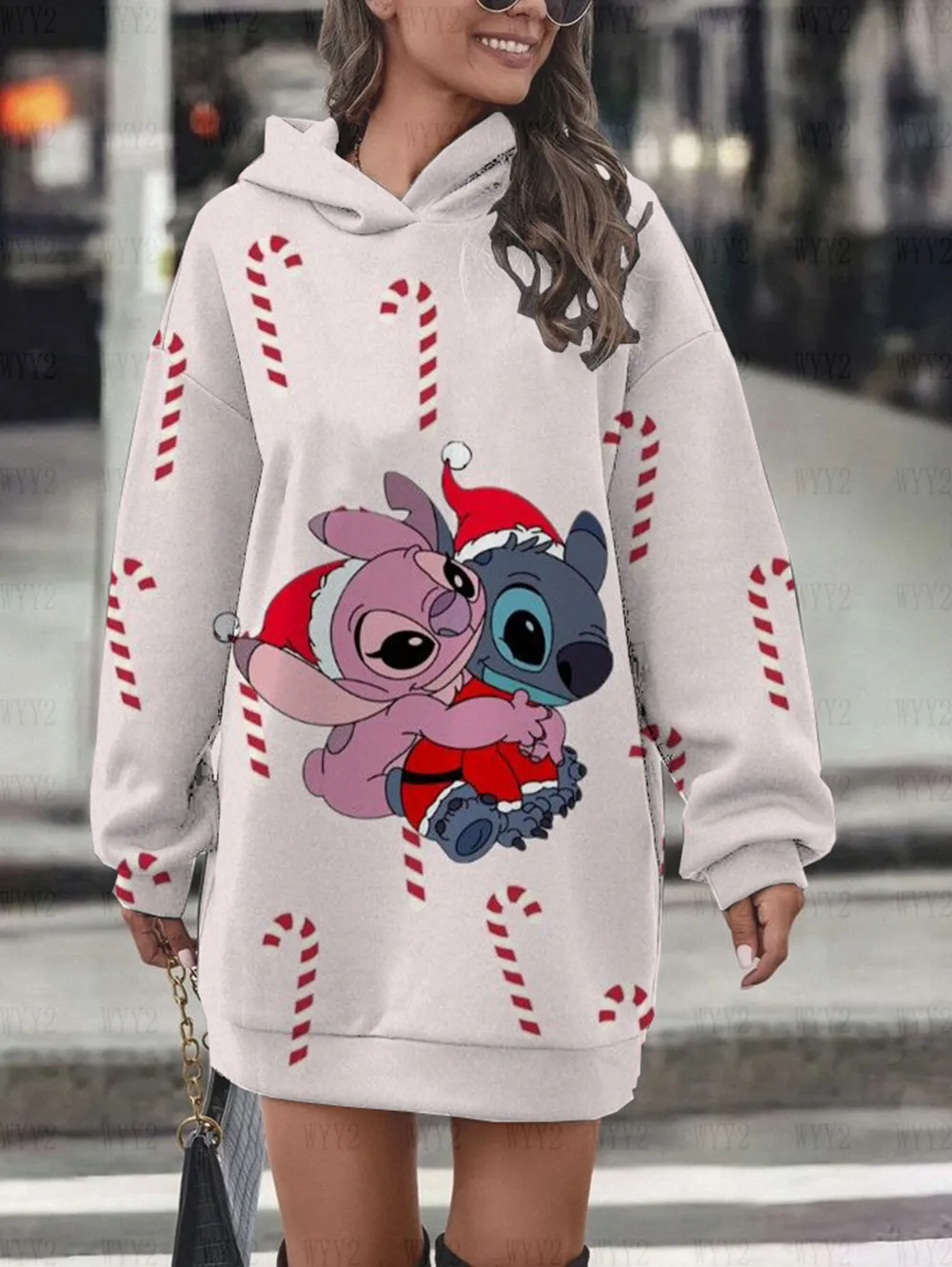 New Disney Stitch print hooded skirt women\'s casual street sweater dress Christmas loose series casual autumn and winter hoodie