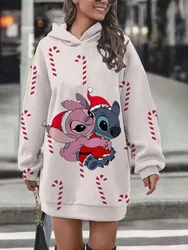 New Disney Stitch print hooded skirt women's casual street sweater dress Christmas loose series casual autumn and winter hoodie