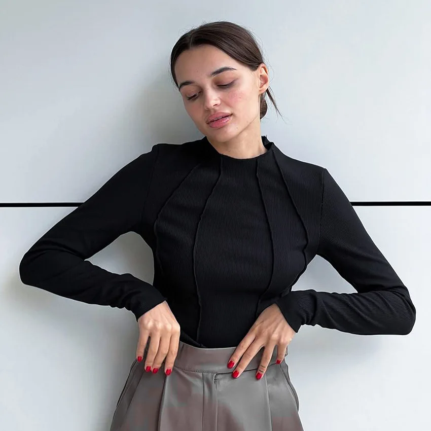 Soolasea Long Sleeve T-shirts Women Spring Solid O-Neck Elegant Bright Line Decoration Tees Slim Casual Soft High Quality Tops