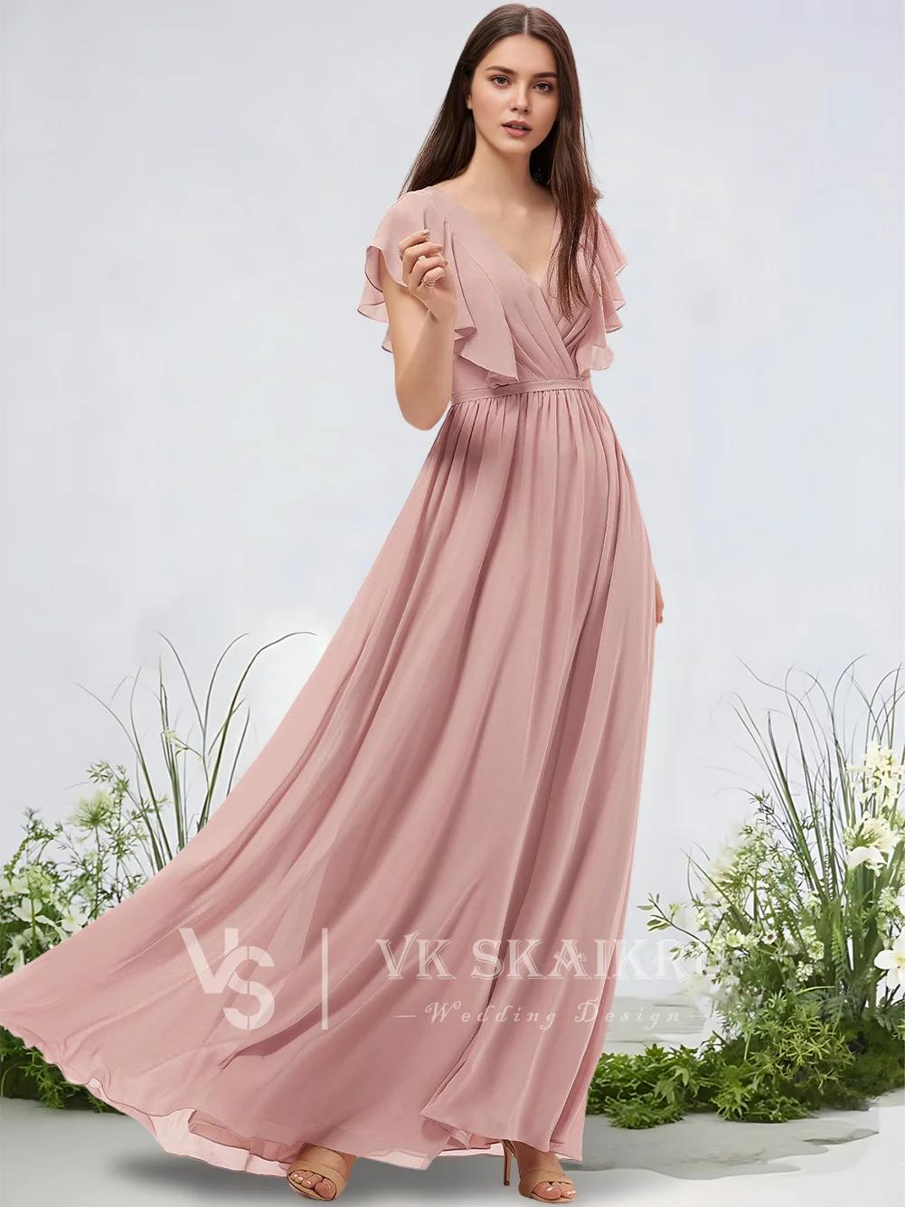 Eine elegante Brautjungfernkleider, A-Linie, V-Ausschnitt, bodenlang, Chiffon, Hochzeitskleid für Frauen, luxuriöse Brautjungfernkleider, Hochzeit