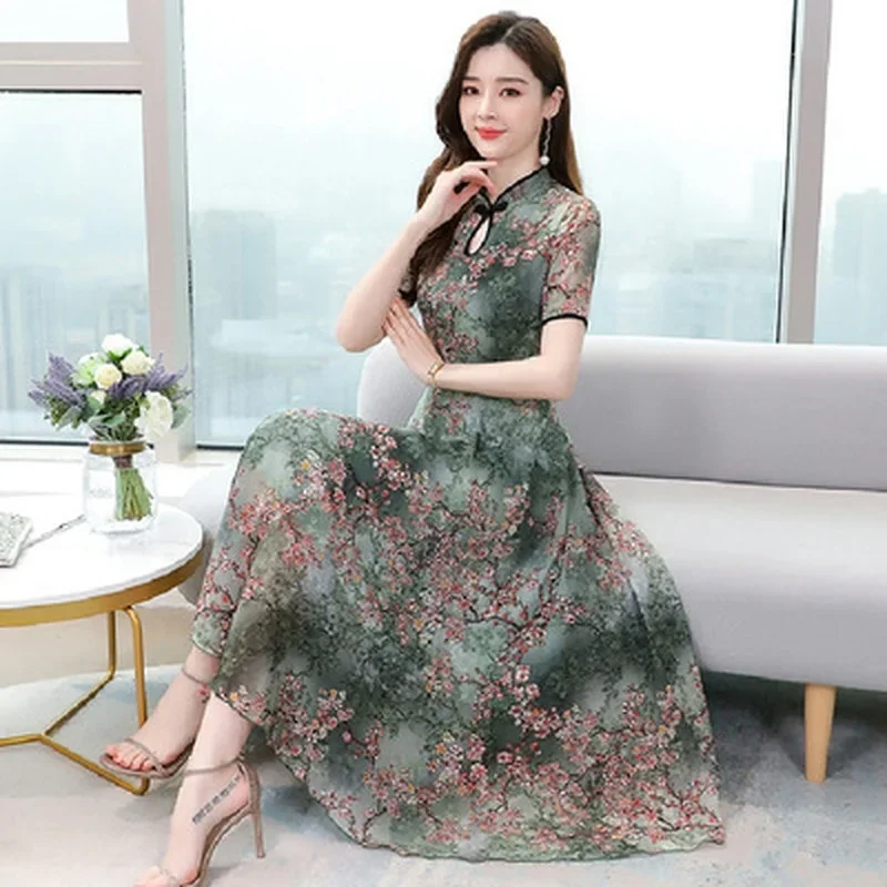 

Fashion Women Floral Print Dress Vintage Short Sleeve Casual Dress Women Cheongsam Party Dress Dresses Women