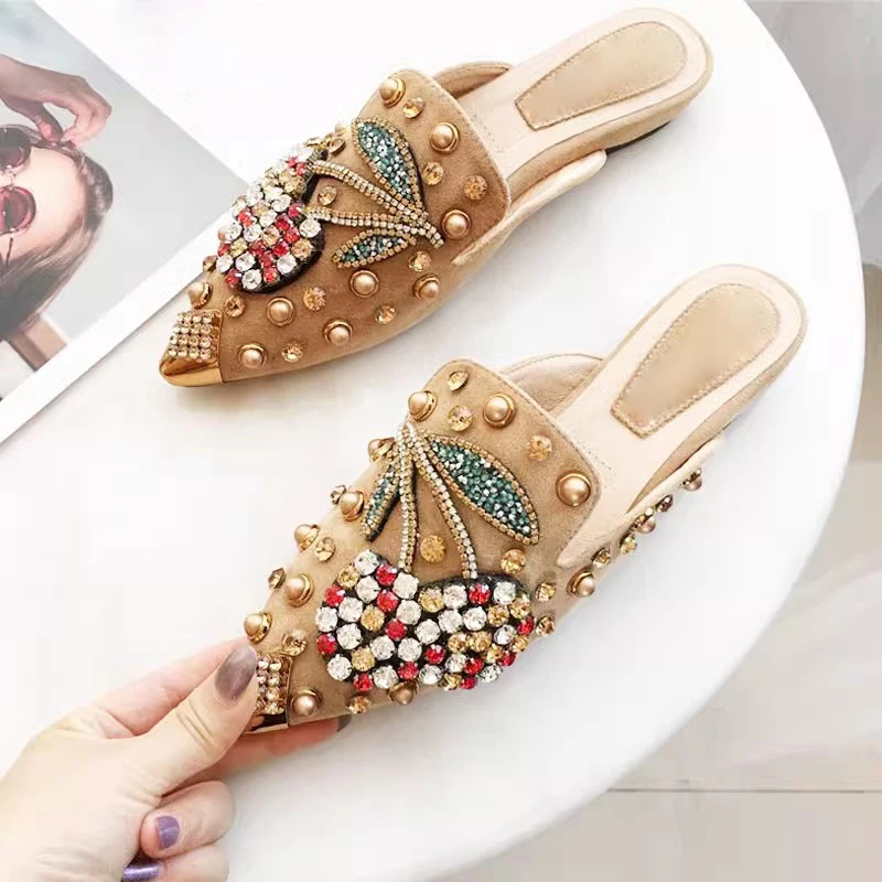 Glitter Rhinestone Cherry Fox Pointed Toe Flats Loafer Pearl Beads Studs Multi Crystal slingbacks shoes Slip On Slide for Women