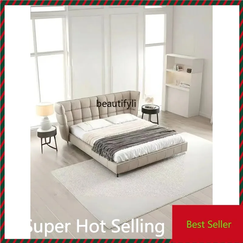 K132 Leather master bedroom modern simple double atmospheric wedding bed down, light luxury bed