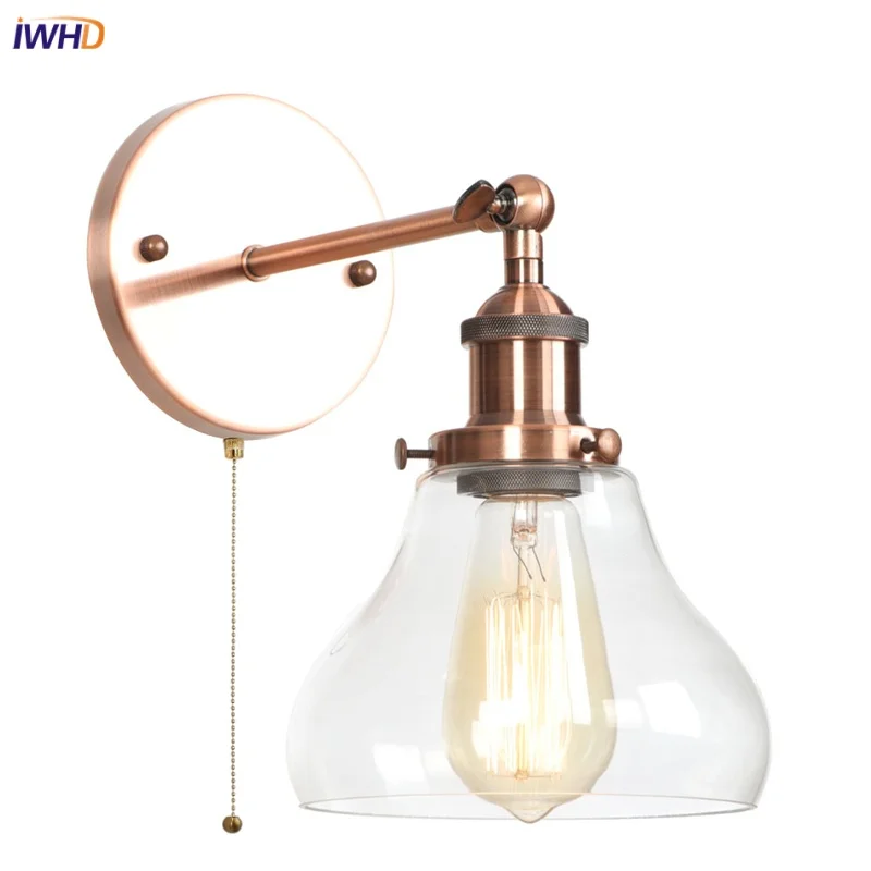 IWHD Red Bronze LED Wall Lamp Pull Chain Switch Bedroom Bathroom Porch Clear Glass Vintage Retro Stair Light Fixtures Wandlamp