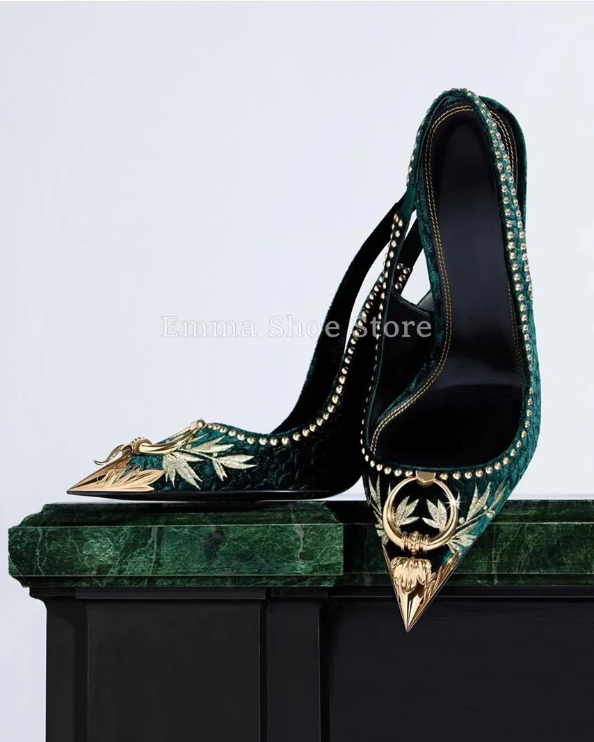 

Vintage Pointed Toe Metal Buckle Embroidered Women's Sandals 2024 New Party Luxury Dress Shoes Super High Heel Back Strap Pumps