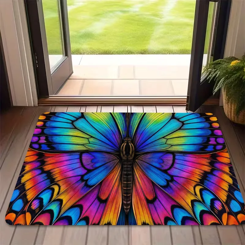 Rainbow Colorful Butterfly Doormat Vivid Wing Art Print Entrance Rug Bohemian Stylish Home Carpet for Front Door Entryway