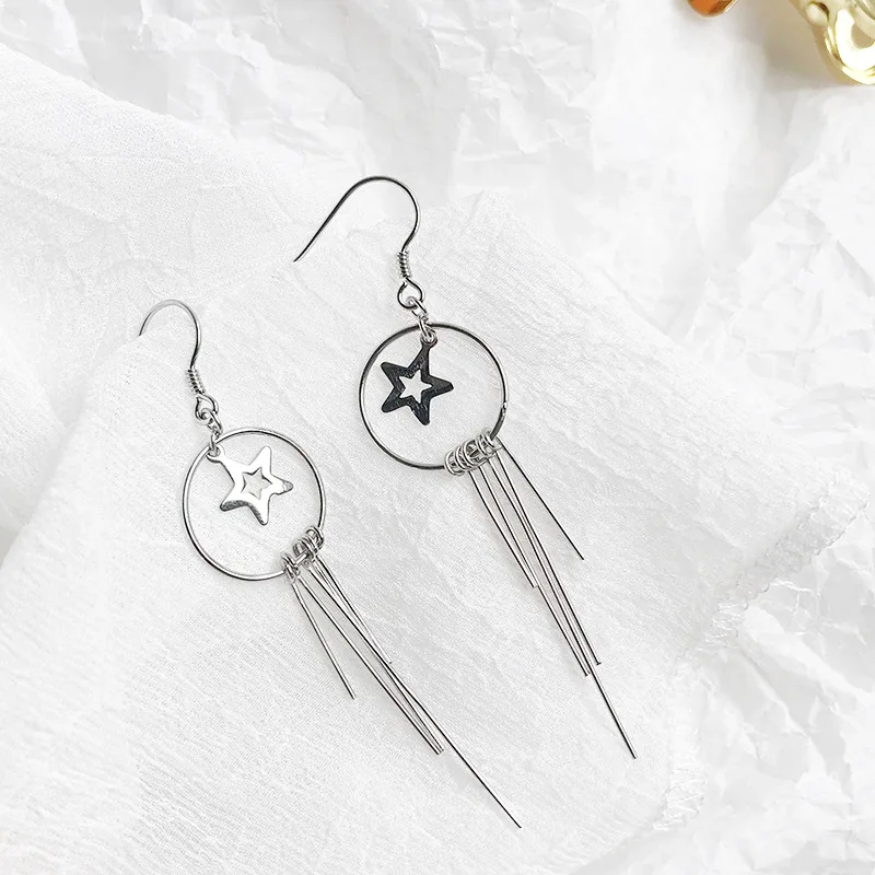 S925 Silver Drop Earrings with Star Charm, Korean Style Nightclub Trendy Jewelry for Women, Ins Style Luxury Minimalist Earrings