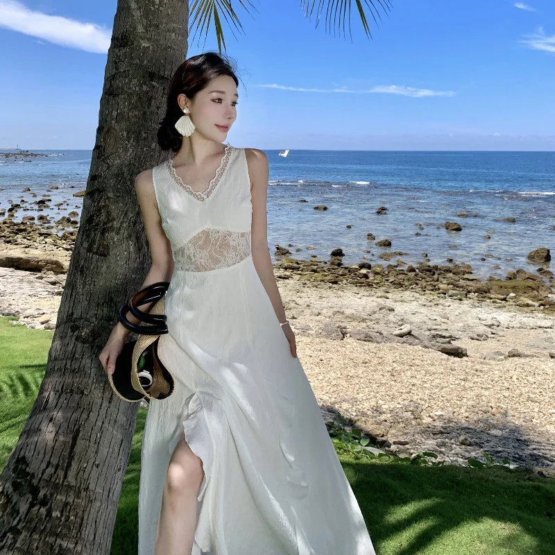 Vaion Sle Lace Splice Floral Cutout Women's Dr Asymmetrical Hemline White Long Vest Skirt High Waist Chiffon Gown