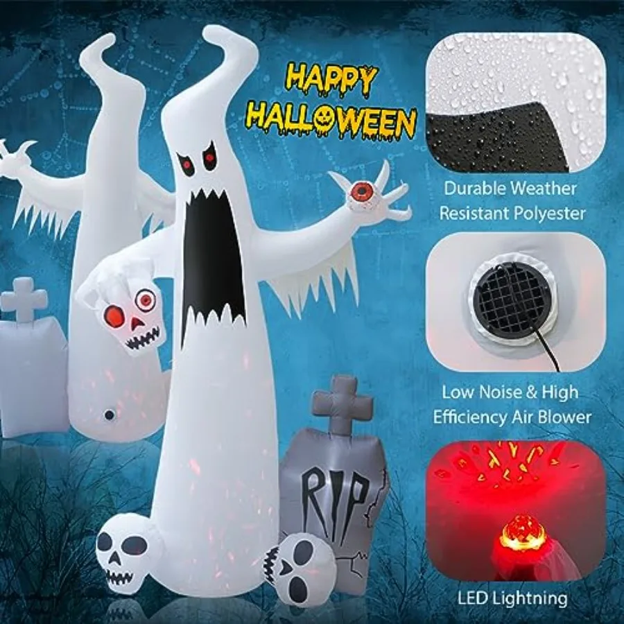 Halloween Outdoor Decorations: 12 Ft Inflatable Ghost With 3 Skulls, White Fabric, Built-In LED Lighting For Garden And Party view 4