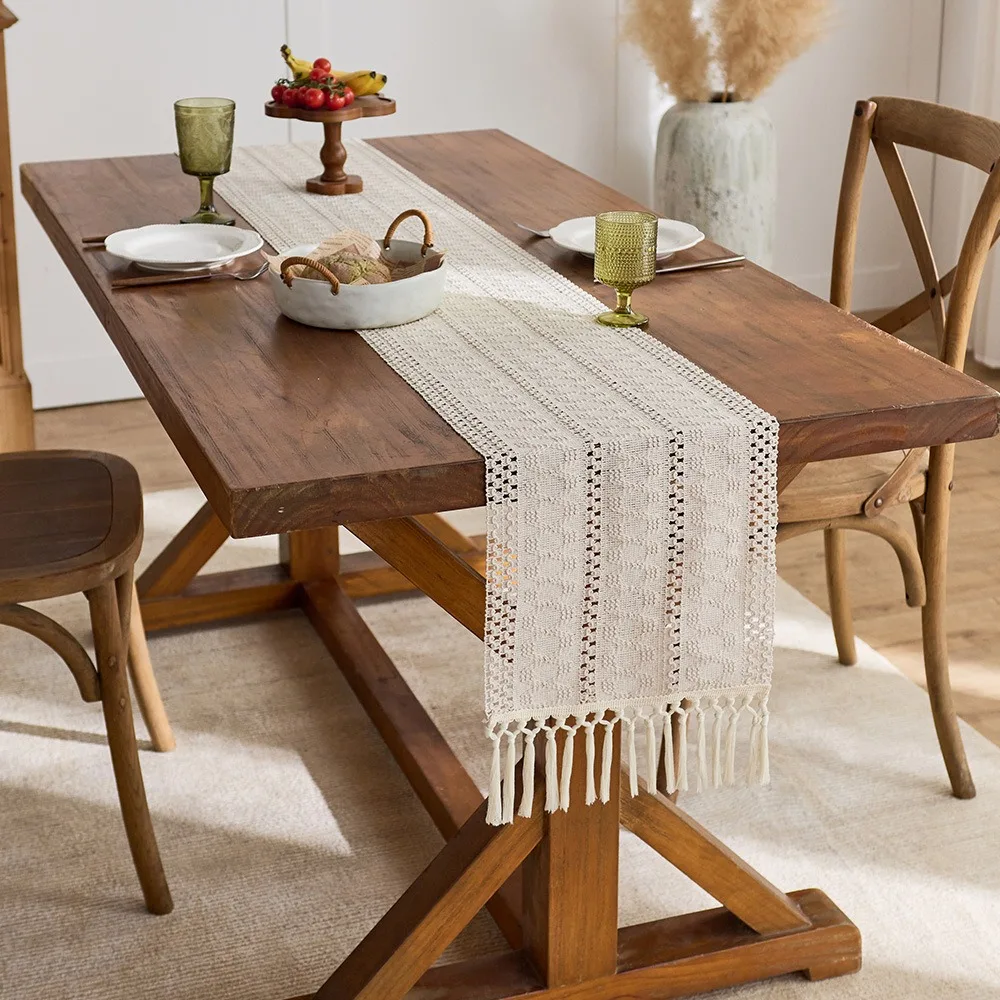 

American Style Boho Table Runner Solid Color Rectangular Festival Dining Table Cover Rustic With Tassel Tablecloth Christmas