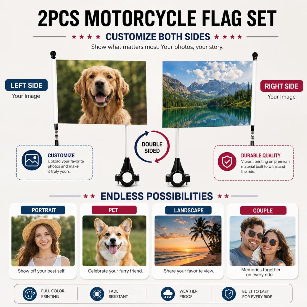 2PCS Custom Double Sided Printed Motorcycle Flag Set,Personalized Photo Motorbike Rearview Mirror Flag Plastic Pole Mount Kit