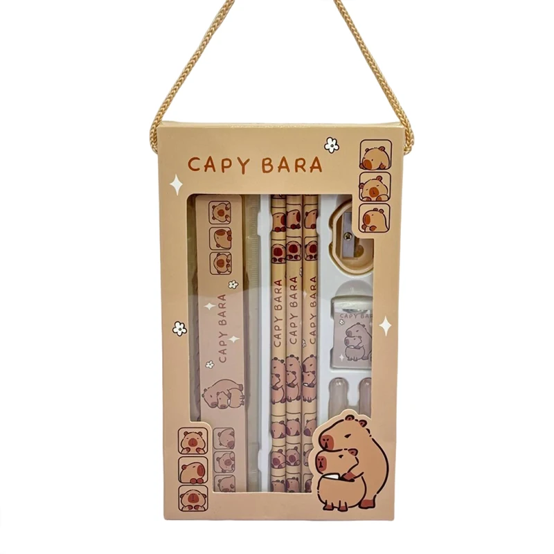 Capybara-Règle à crayon pour animaux de dessin animé, gomme, taille-crayon, ensemble d'acquisition, étudiant, école, bureau, fournitures d'écriture, cadeau pour enfants, 8 en 1