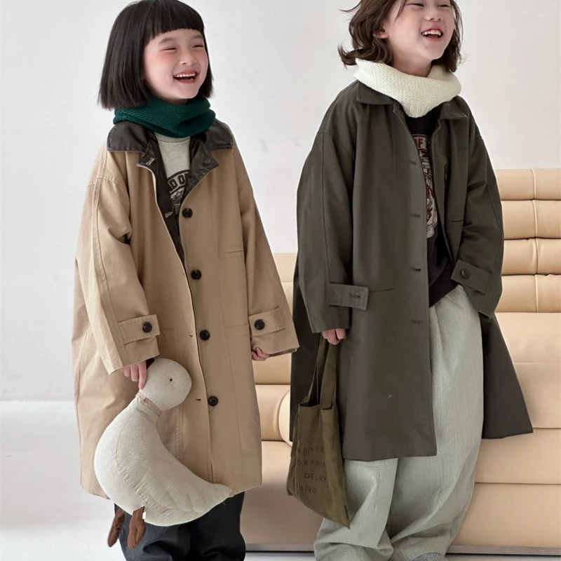 

Coat 2025 Autumn New Children's Clothing Korean Style Boys and Girls Fashion Color Lapel Long Windbreaker Casual Simple Daily