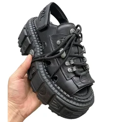 Fashion Women's Retro Thick Heel Sandals Rome Thick Bottom Metal Hollow Platform Genuine Leather Punk Motorcycle Shoes Open toe
